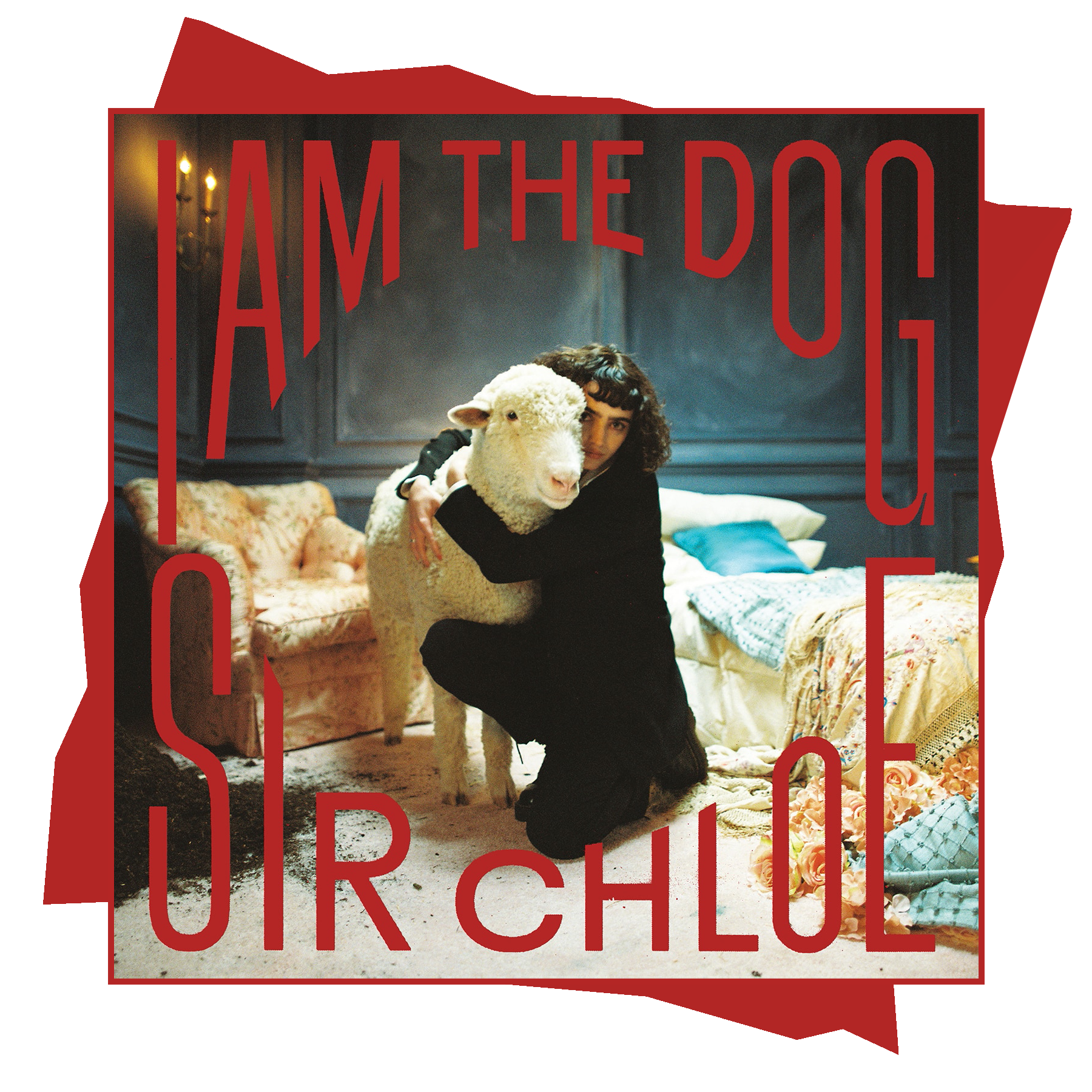 'I Am the Dog' album cover by the band Sir Chloe, depicting a woman hugging a sheep.