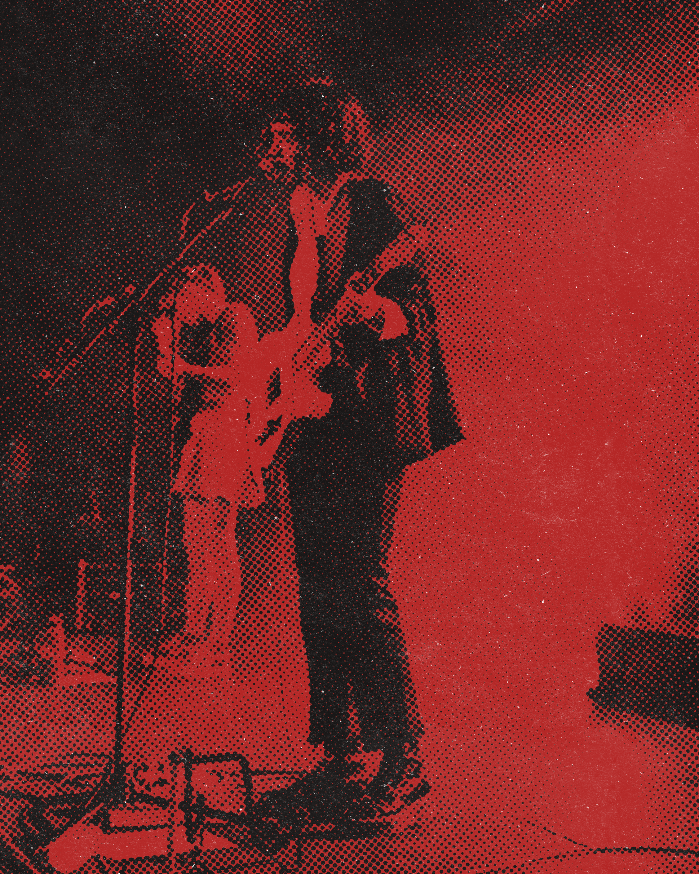 Black and red retro halftone image of Dana Foote singing.